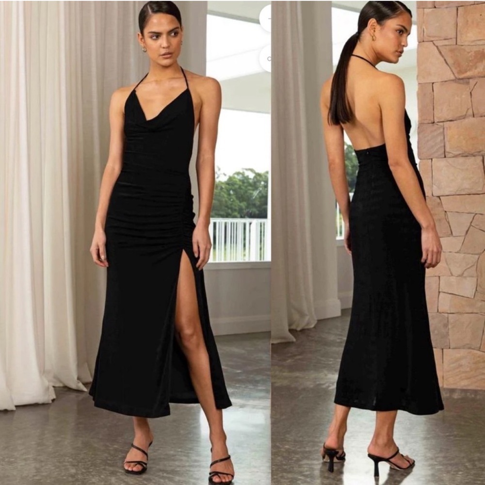 MISHA Collection Levon Halter Midi Dress Black Size 12 NWT